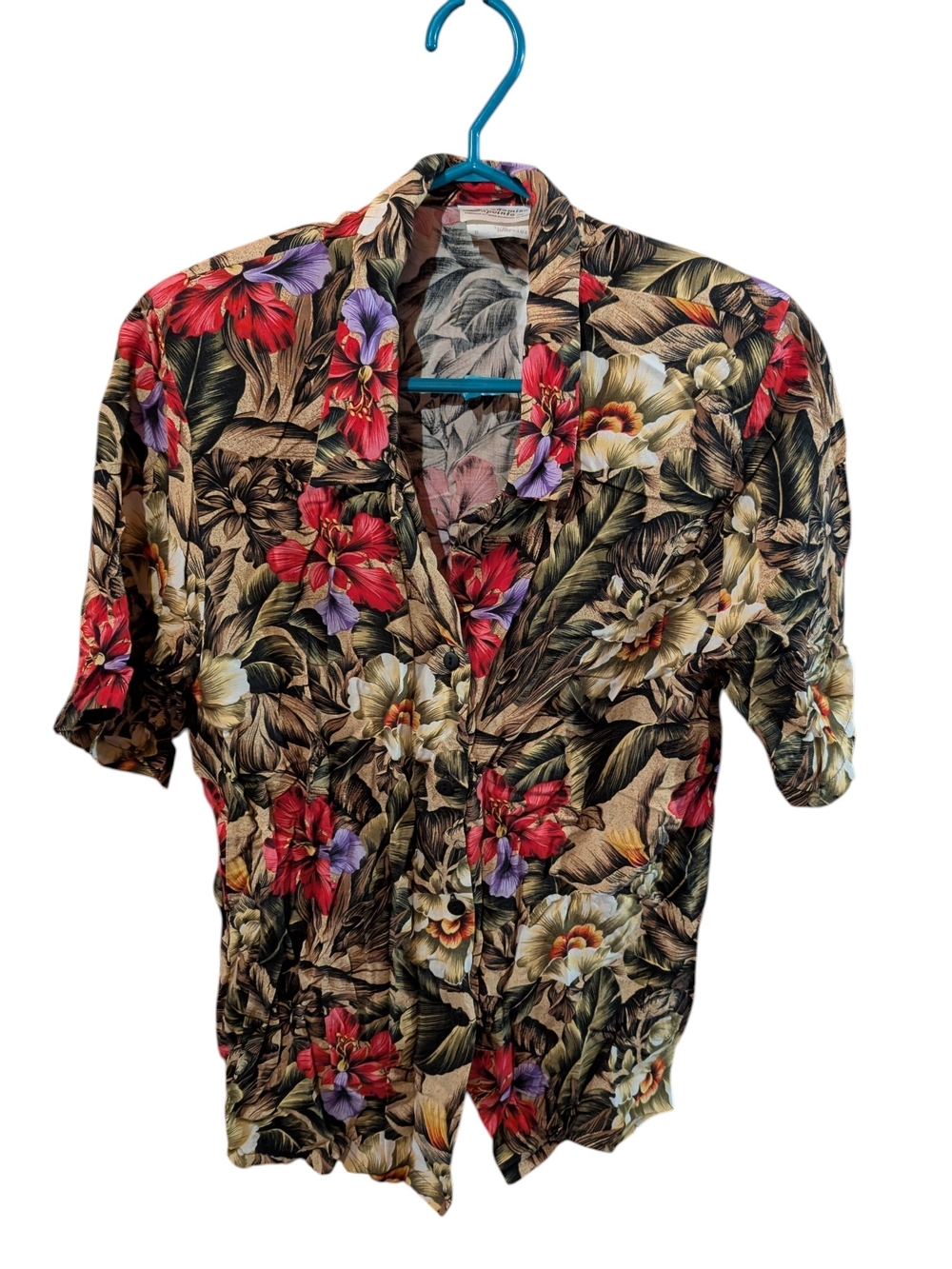 Women's Floral Short-Sleeve Shirt - Red/Green Floral Pattern